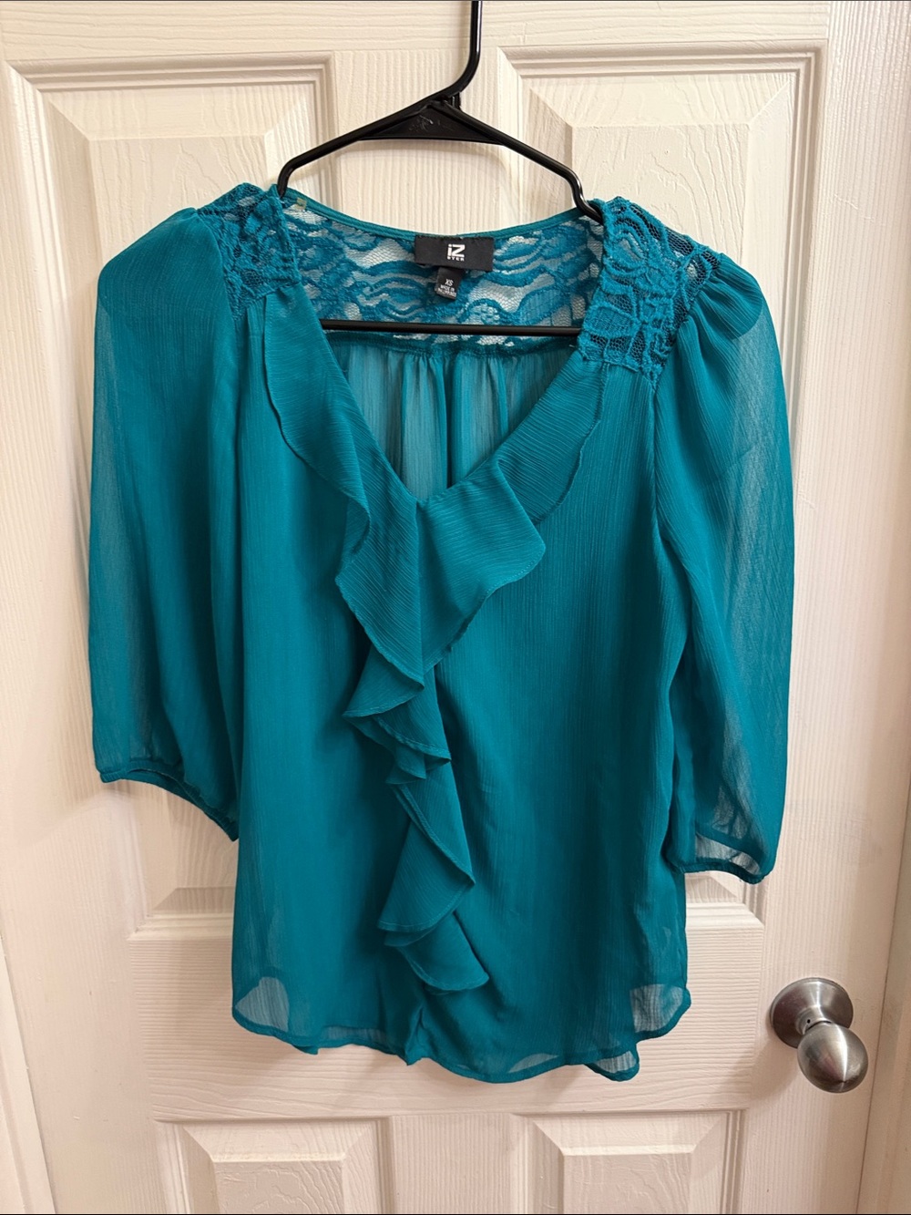 Iz Byer Teal Ruffle Front Lace Yoke Blouse